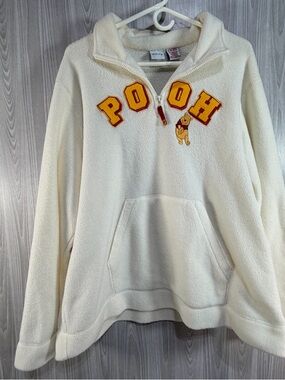 Disney‎ Winnie The Pooh Embroidered Fleece Hoodie Pullover 1/4 Zip Cream XL